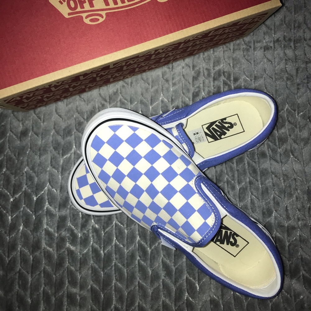 Blue checkered slip on Vans